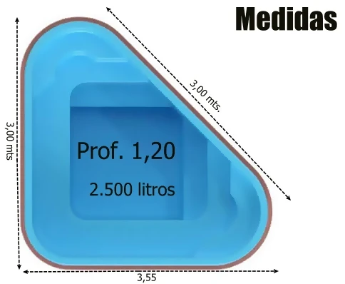 Medidas Piscina de Fibra LD-300 para cobertura e com 4.500 litros de água