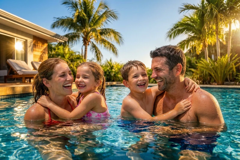 Família aproveitando a piscina