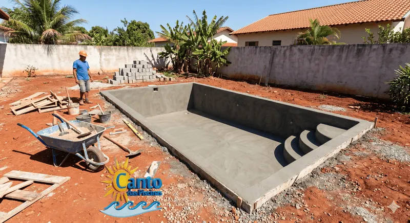 As paredes da piscina já estão prontas e rebocadas.
