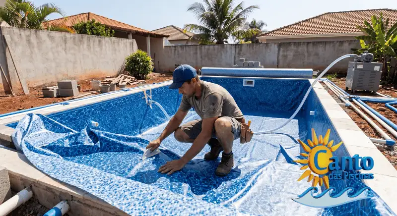 Colocação do Revestimento Vinil na Piscina.