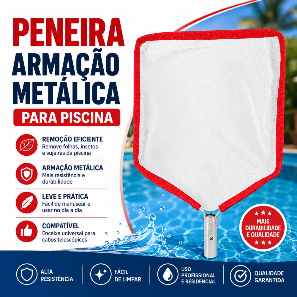 Peneira para limpeza de piscina armação metálica cor vermelha