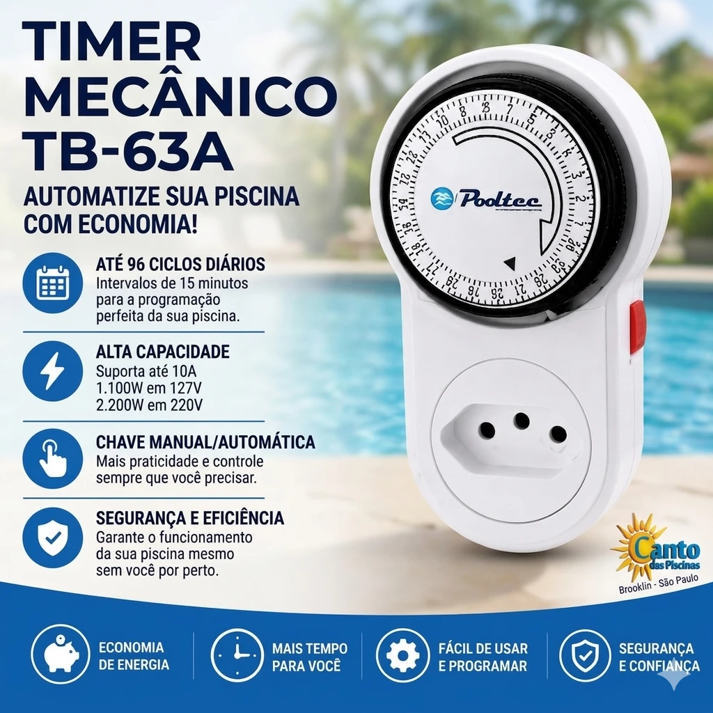 Automatize sua piscina com economia! Timer mecânico com até 96 ciclos diários (intervalos de 15 min). Suporta até 10A (1.100W em 127V / 2.200W em 220V).