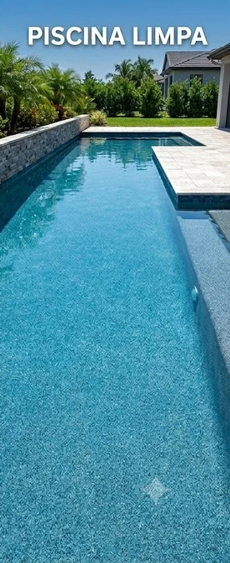 Piscina com água totalmente cristalina, polida e espelhada