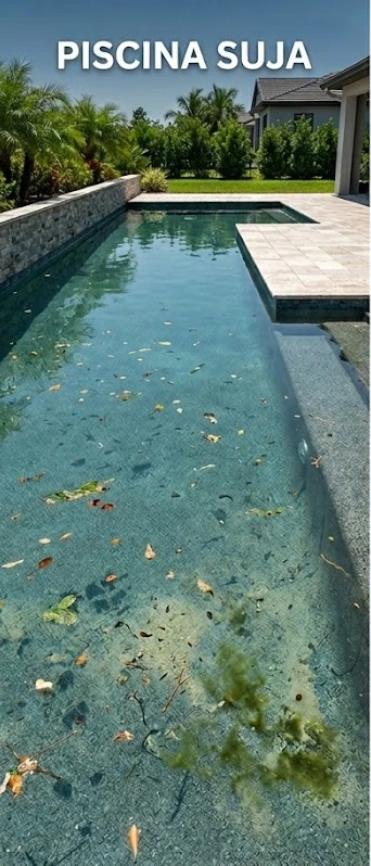 Piscina com sujeira, folhas e impurities acumuladas
