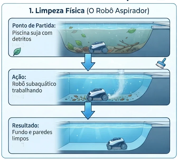 Robô Aspirador realizando a limpeza da piscina