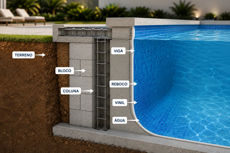 Estrutura em corte de uma piscina de vinil mostrando terreno, bloco, coluna, viga, reboco, vinil e água