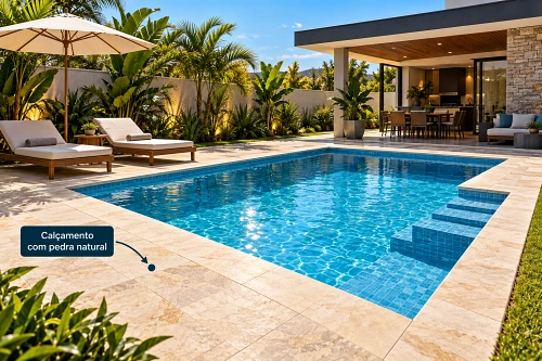Pedra utilizada no acabamento ao redor da piscina