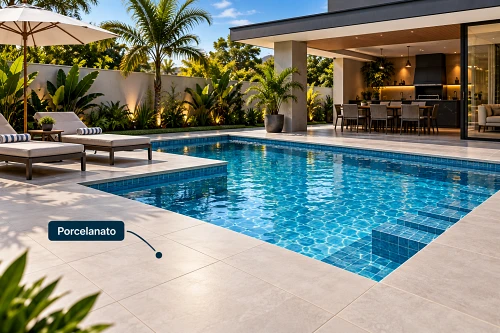 Porcelanato utilizado em área externa de piscina