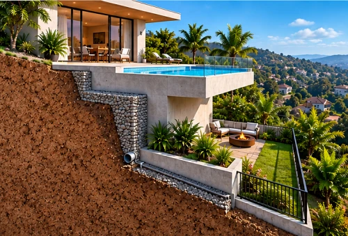 Piscina em terreno em declive