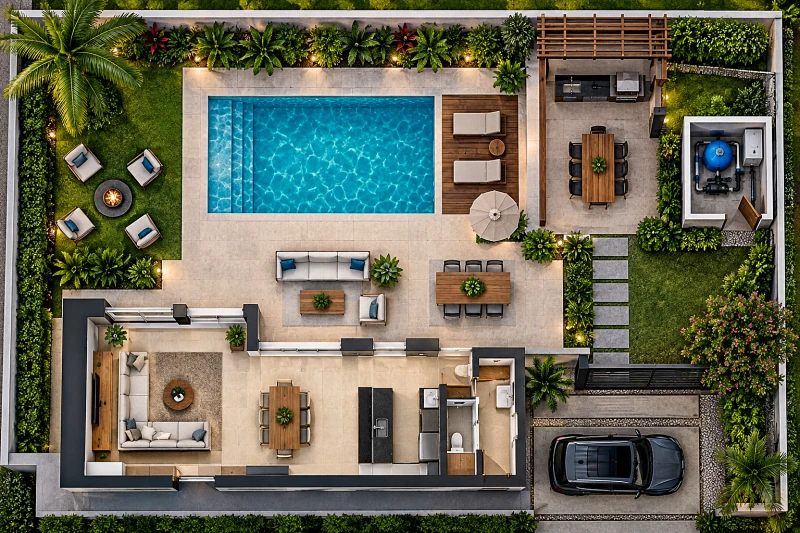 Planta baixa ilustrativa de terreno com piscina, casa de máquinas e churrasqueira