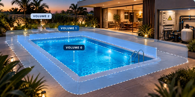 Volumes de segurança elétrica em piscinas
