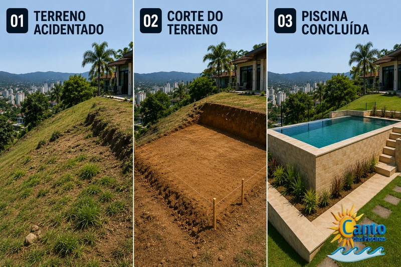 Piscina construída em terreno desnivelado com muretas de contenção