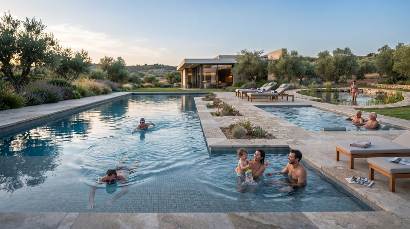 Piscina sendo utilizada por diferentes pessoas