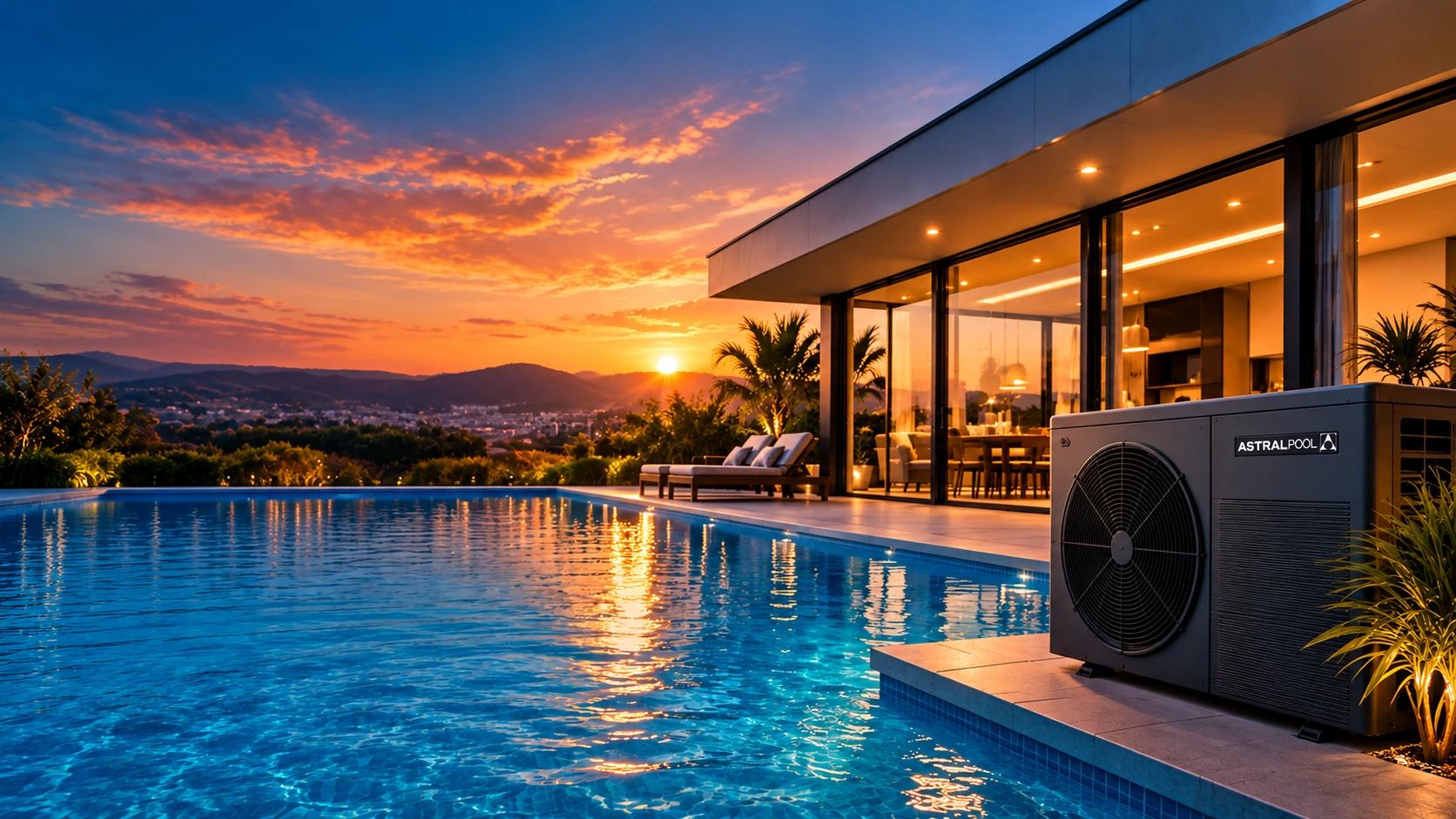 Piscina residencial ao pôr do sol